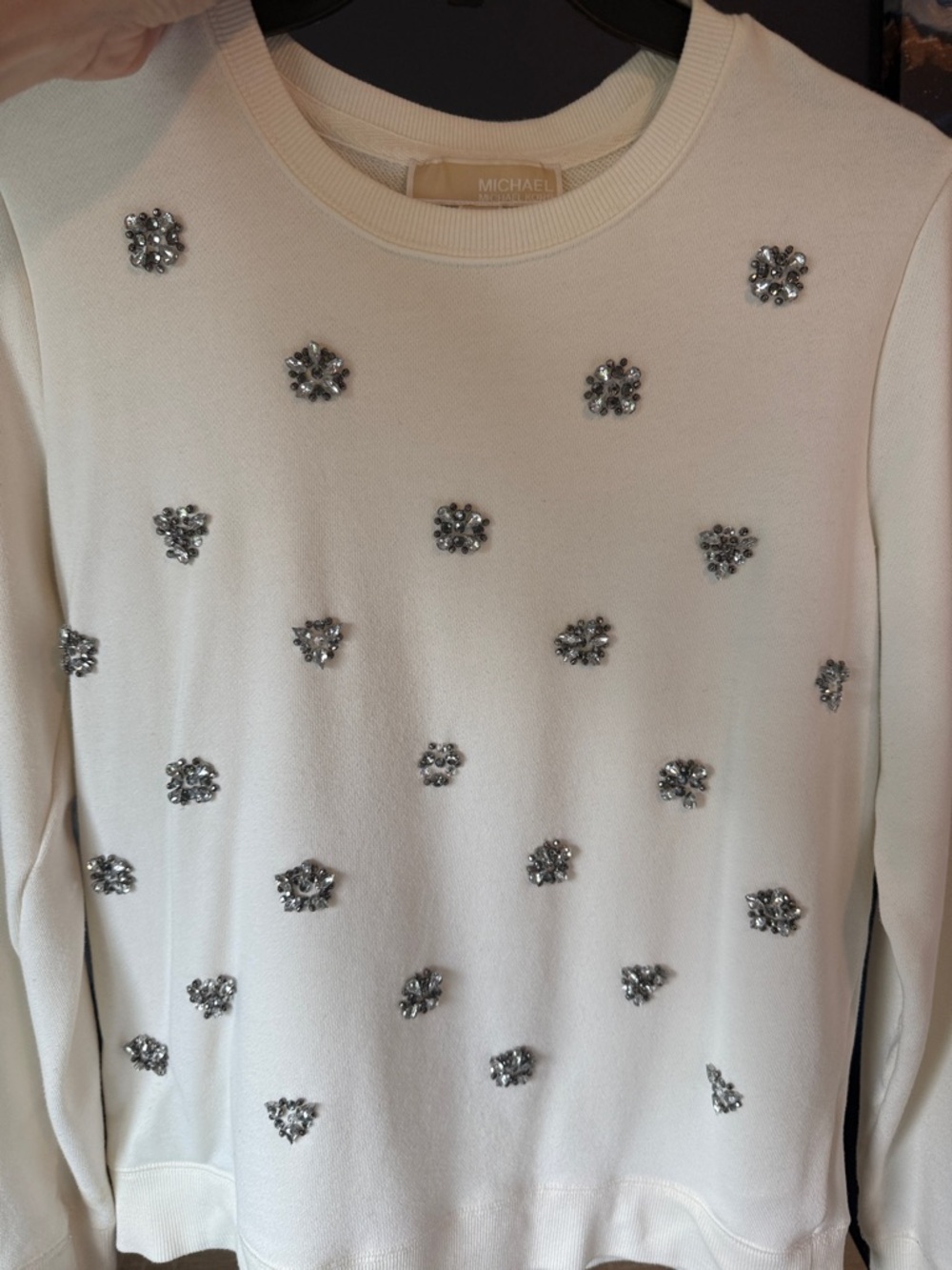 Michael Kors Cream Sweatshirt with Silver Crystal Clusters